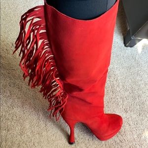 Suede red heel fringe boots